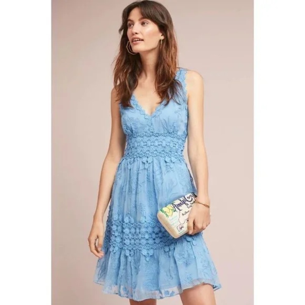 Anthropologie Ranna Gill Blue Lace Ruffled Dress